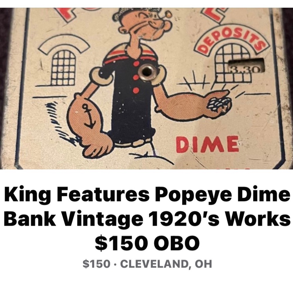 Popeye dime bank vintage almost antique 1929 dime register bank -works $150 OBO